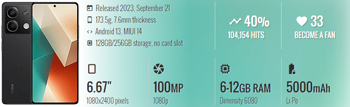 Xiaomi Redmi Note 13 5G Phone 6.67'' 12GB+256GB Dimensity 6080 Android 13  100MP
